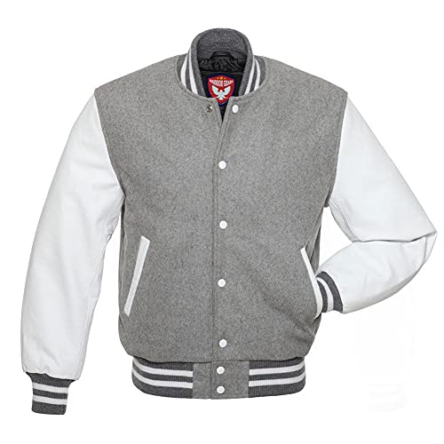 warrior gears Herren-Unijacken mit Wollkörper und Lederärmeln, klassische Retro-Letterman-Motorrad-Bomberjacke im Streifenstil, Wollkörper und Lederärmel, Hellgrau und Weiß - XL von warrior gears