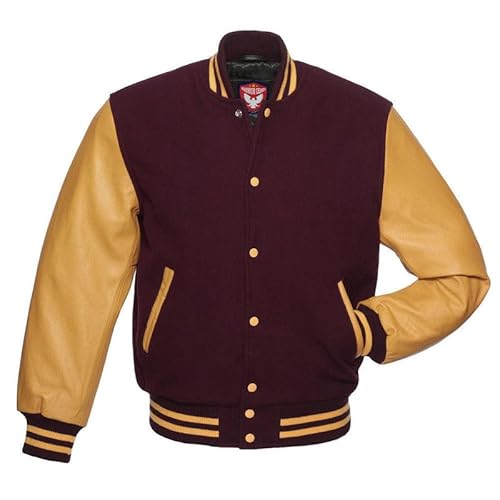 warrior gears Herren-Unijacken mit Wollkörper und Lederärmeln, klassische Retro-Letterman-Motorrad-Bomberjacke im Streifenstil, Wollkörper und Lederärmel, Kastanienbraun und Gold - XL von warrior gears