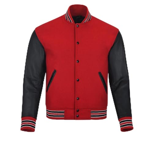 warrior gears Herren-Unijacken mit Wollkörper und Lederärmeln, klassische Retro-Letterman-Motorrad-Bomberjacke im Streifenstil, Wollkörper und Lederärmel, Rot und Schwarz - M von warrior gears