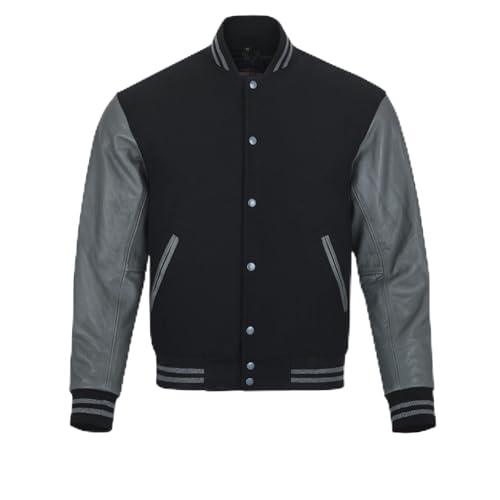 warrior gears Herren-Unijacken mit Wollkörper und Lederärmeln, klassische Retro-Letterman-Motorrad-Bomberjacke im Streifenstil, Wollkörper und Lederärmel, Schwarz und Grau - M von warrior gears