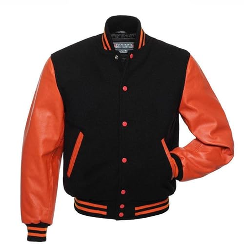 warrior gears Herren-Unijacken mit Wollkörper und Lederärmeln, klassische Retro-Letterman-Motorrad-Bomberjacke im Streifenstil, Wollkörper und Lederärmel, Schwarz und Orange - 3XS von warrior gears