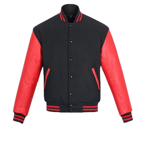 warrior gears Herren-Unijacken mit Wollkörper und Lederärmeln, klassische Retro-Letterman-Motorrad-Bomberjacke im Streifenstil, Wollkörper und Lederärmel, Schwarz und Rot - 3XL von warrior gears