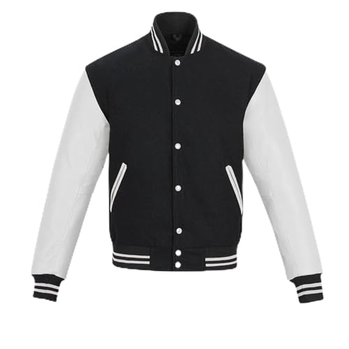 warrior gears Herren-Unijacken mit Wollkörper und Lederärmeln, klassische Retro-Letterman-Motorrad-Bomberjacke im Streifenstil, Wollkörper und Lederärmel, Schwarz und Weiß - L von warrior gears