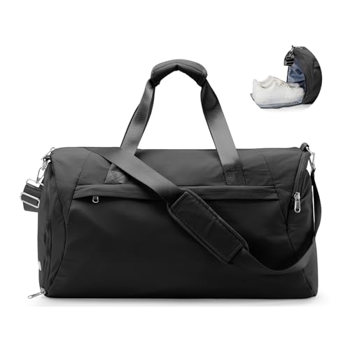 Turnbeutel für Damen Herren mit Schuhfach, 42L Sport Duffle Bag, Weekender Reisetasche, Schwarz von wassdins