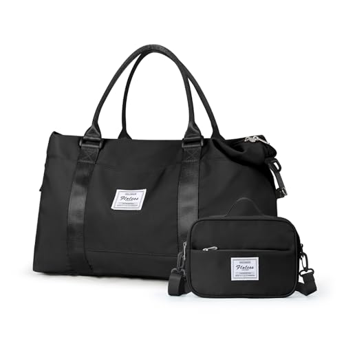 Weekender Reisetasche für Damen, Handgepäcktasche, Sporttasche, Turnbeutel, Übernachtungstasche, B-schwarz, Reisetasche mit Kulturbeutel von wassdins