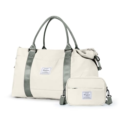 Weekender Reisetasche für Damen, Carry On Duffle Bag, Sport Tote Gym Bag Übernachtung Tasche, B1-Beige & Grün, Reisetasche mit Kulturbeutel von wassdins