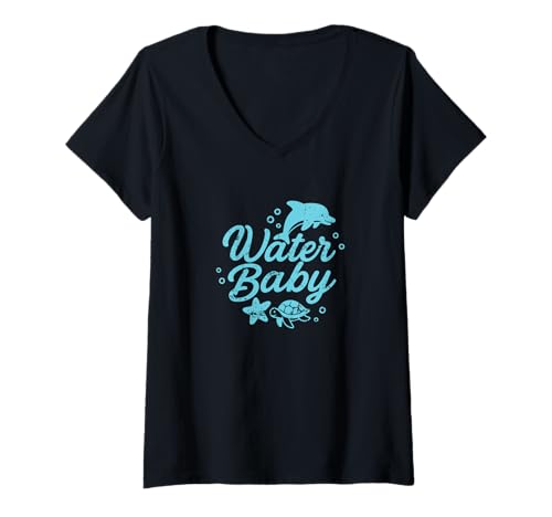 Damen Wasserbaby süßes Meerestier-Design T-Shirt mit V-Ausschnitt von water baby cute ocean dolphin turtle swimming