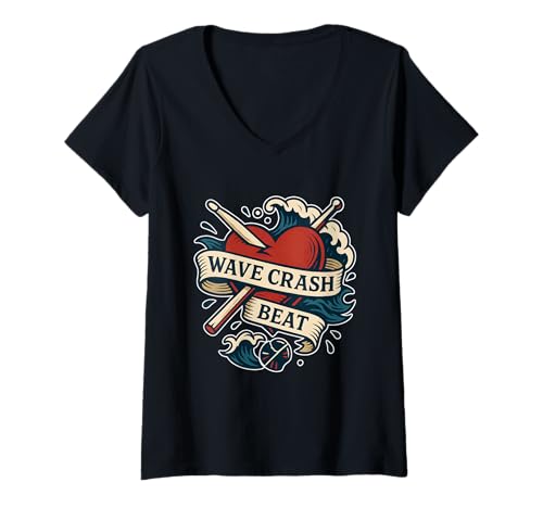 Damen Wave Crash Beat Herzstäbchen T-Shirt mit V-Ausschnitt Damen Wave Crash Beat Herzstäbchen T-Shirt mit V-Ausschnitt von wave crash beat drummer sea nautical punk