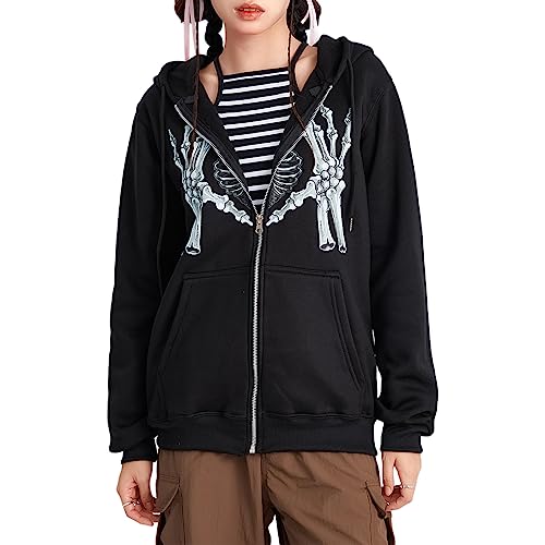 wdehow Damen Gothic Zip Up Hoodie Sweatshirt Langarm Oversized Skelett Hände Herz Druck Grunge Pullover Y2k Streetwear (Schwarz, S), Schwarz , 36 von wdehow