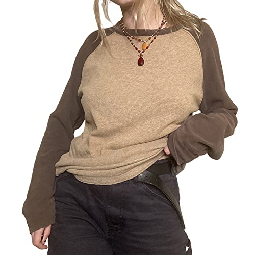 wdehow Damen Star Shirt Y2k Grunge Top Grafik Print T Shirts Langarm Rundhals Tops Herbst Sweatshirts Ästhetische Kleidung, Braun, Large von wdehow