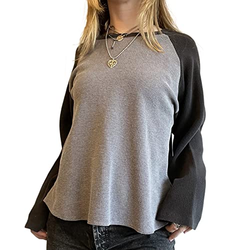 wdehow Damen Star Shirt Y2k Grunge Top Grafik Print T Shirts Langarm Rundhals Tops Herbst Sweatshirts Ästhetische Kleidung, Massives Grau, M von wdehow