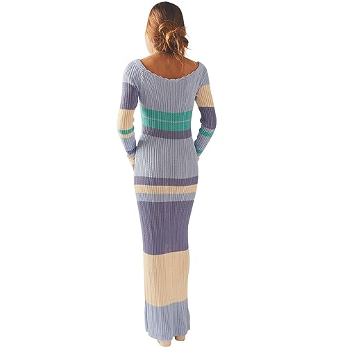 wdehow Frauen Häkelstrick Langes Kleid Langarm Gestreiftes Patchwork Aushöhlen Maxikleid Sommer Strand Langes Kleid Häkeln Badeanzug Cover Up Kleid, blau, L von wdehow