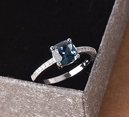 WDIYIEETN 14 Karat Weißgold überzogenes Sterlingsilber, Pfauenblautopas, quadratischer Diamantring, Edelsteinring, Aquamarin-Edelstein, Hochzeit, Brautring für Damen von WDIYIEETN
