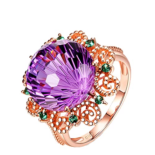 WDIYIEETN Eleganter, riesiger natürlicher Amethyst-Ring, 18 Karat Rotgold, kugelförmiger violetter Kristall, Blumen-Ehering (10) von wdiyieetn
