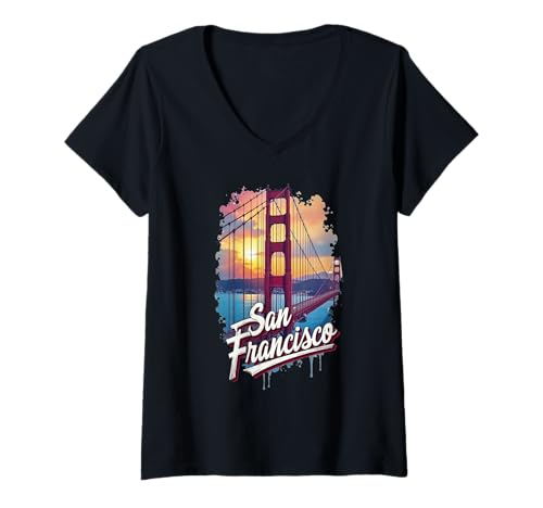 Damen San Francisco - Golden Gate Bridge Tourist Stuff T-Shirt mit V-Ausschnitt von we love holidays in the USA
