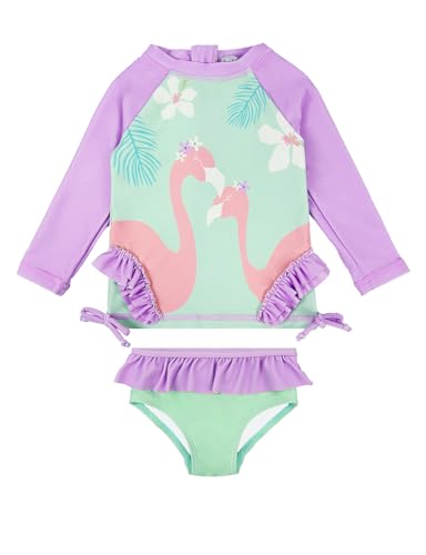 weVSwe Baby Badeanzug Mädchen Schwimmanzug Sets UV 50 Zweiteiler Langarm schutzkleidung Baby Rüschen Badeanzug Lila Flamingo 3-4 Jahre von weVSwe