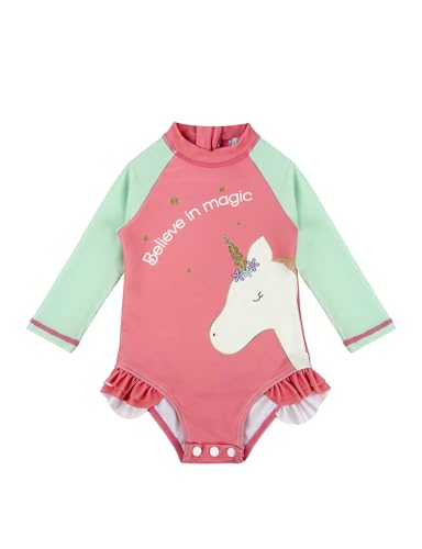 weVSwe Baby Badeanzug Mädchen UV Schutz Kleidung Einteiliger Baby Langarm Rüschen Schwimmanzug SPF 50+ Sonnenschutz Rosa Grünes Einhorn Neugeborenes 12-18 Monate von weVSwe