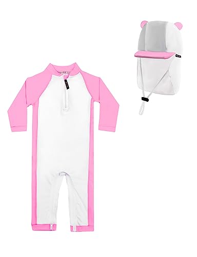 weVSwe Baby Badeanzug Rash Guard UPF Sonnenschutz Langarm Säugling Sonnenhut Verstellbare Schnur Rosa Bär 12-18 Monate von weVSwe