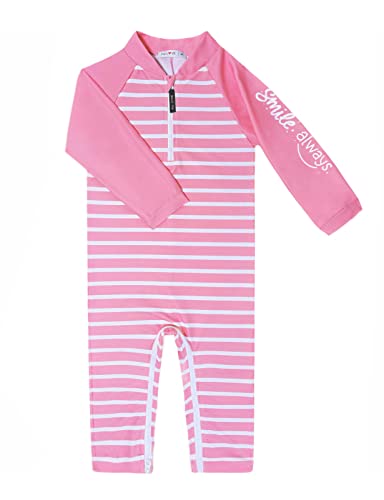 weVSwe Baby Mädchen Badeanzug Sonnenschutz UPF 50+ Rash Guard Einteiliger Schritt Reißverschluss für einfachen Windelwechsel Rosa Streifen 18-24 Monate von weVSwe