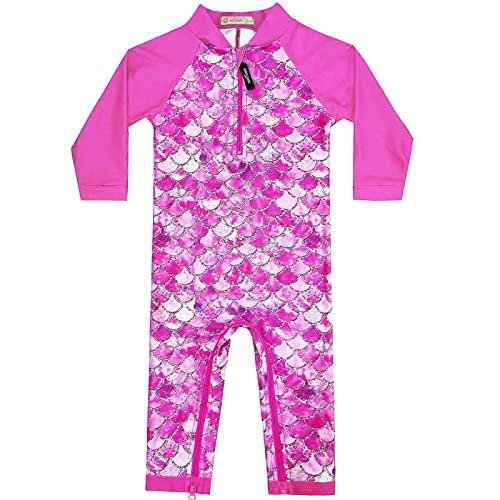 weVSwe Baby Mädchen Badeanzug UPF 50+ Sonnenschutz Recycling Stoff Einteiler Kleinkind Langarm Rash Guard Rosarot Fischschuppen 3 Jahre von weVSwe