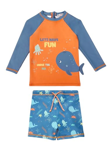 weVSwe Badeanzug Baby UV Schutz 50+ Schwimmanzug Baby Junge Zweiteilig Bade-Set Zweiteilig Badeshorts Blauer oranger Wal Neugeborenes 18-24 Monate von weVSwe