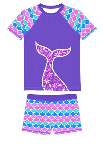 weVSwe Badeanzug Kinder Mädchen Lila Fischschuppe Kurzarm Hautschutz Sonnenanzug Zweiteilig Rash Guard Kinder 10 Jahre von weVSwe