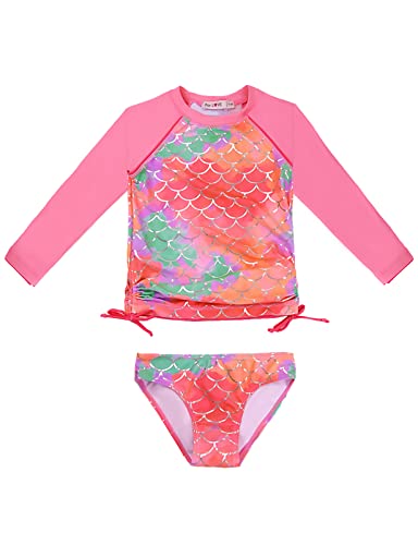 weVSwe Badeanzug Mädchen Langarm Kleinkind Zweiteiler UV Schutz Rash Guard UPF 50+ Bademode Schleifenknoten Rosa Fischschuppen 3-4 Jahre von weVSwe