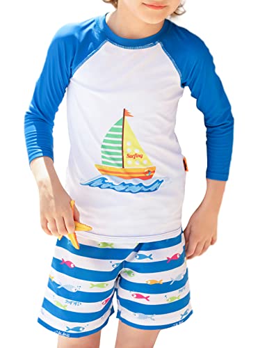 weVSwe Jungen Sonnenschutz Shirt Rash UPF 50+ Rashguard Lange Ärmel Blau Kinder Badeanzug Set Segelboot 4 Jahre von weVSwe