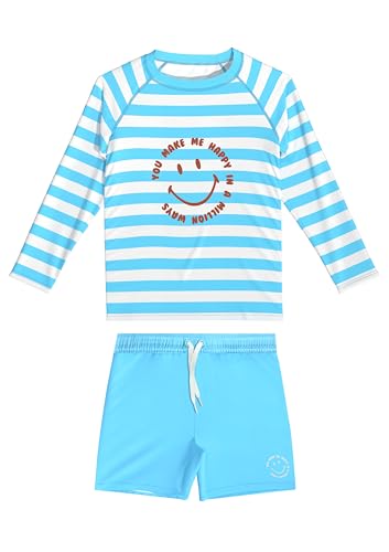 weVSwe Jungen Zweiteiliger Rash Guard UPF 50+ Kinder Badeanzug Badeanzüge Langarm Sonnenanzug Bademode Sets Badehose Blau Lächeln 4 Jahre von weVSwe