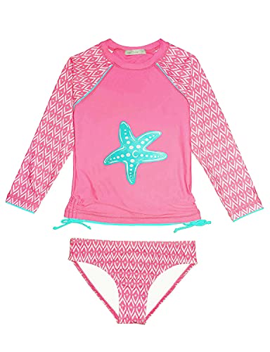 weVSwe Kleinkind Mädchen Badeanzug 2 Stück Set UPF 50+ Schutz Langarm Rash Guard Bademode Schleifenknoten Pink Starfish 10 Jahre von weVSwe