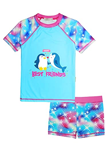 weVSwe Kleinkind Mädchen Badeanzug Zweiteiler UPF 50+ Rash Guards Set Mädchen Kurzarm Sunsuit Pinguin Whale 3-4 Jahre von weVSwe