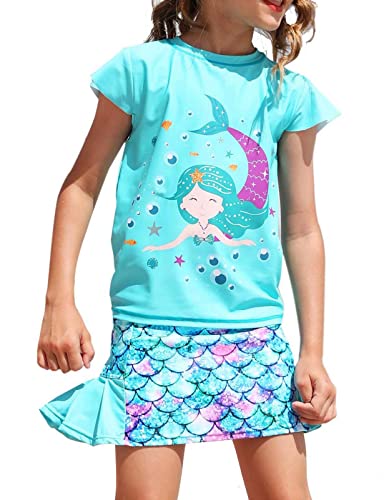 weVSwe Mädchen Badeanzug Boyshort Rock Set UPF 50+ Badeanzug Recycelter Stoff Zweiteiler UV-Schutz Sommer Strand Grün Meerjungfrau 10 Jahre von weVSwe