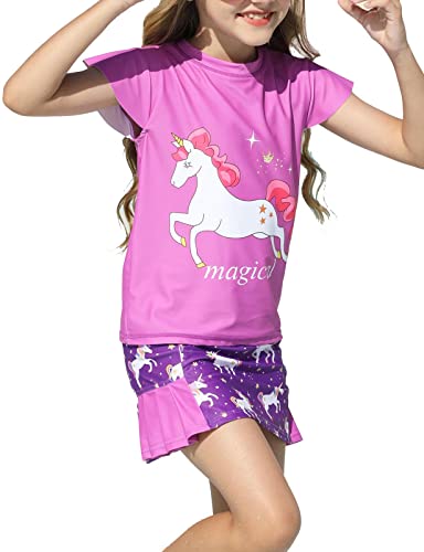 weVSwe Mädchen Badeanzug Zweiteiler Boyshort Rock Set UPF50+ Kinderbadebekleidung Sommer Recycelter Stoff Strand UV-Schutz Lila Einhorn 5-6 Jahre von weVSwe