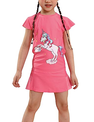 weVSwe Mädchen Badeanzug Zweiteiler Ranh Guard Set UPF 50+ Recycelter Stoff UV-Schutz Sommer Strand Boyshort Rosa Einhorn 5-6 Jahre von weVSwe