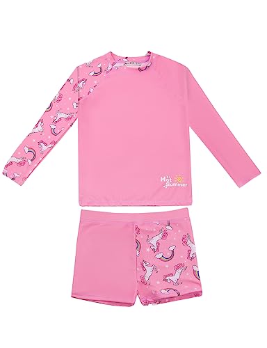 weVSwe Mädchen Badeanzug demode Kleinkind Langarm Boxershorts UPF 50+ UV-Schutz Rash Guard Zweiteiliger Regenbogen Schleife Knoten Rosa Einhorn 10 Jahre von weVSwe