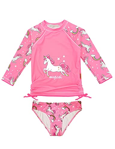 weVSwe Mädchen Bademode UPF 50+ UV-Schutz Rash Guard Zweiteiliger Kleinkind Langarm Badeanzug Regenbogen Schleife Knoten Rosa Einhorn 10 Jahre von weVSwe