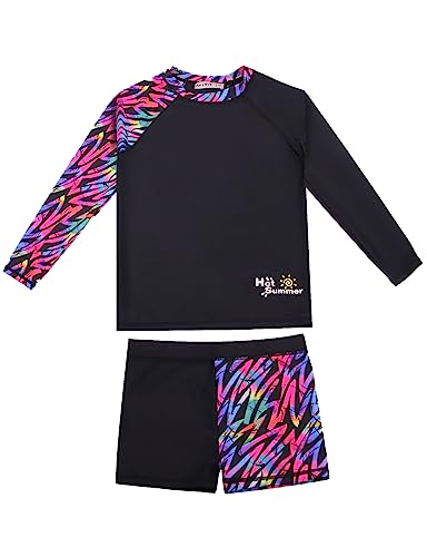 weVSwe Mädchen Rash Guard UPF 50+ Schutz Badeanzug Meerjungfrau Skala Langarm Boxershorts Zweiteiler Bademode Schwarz Regenbogen 14 Jahre von weVSwe