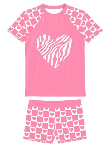 weVSwe Zweiteilig Kurzarm Badeanzug Mädchen UPF 50+ UV Schutz Bademode Kinder Schwimmanzug Pink Heart 10 Jahre von weVSwe