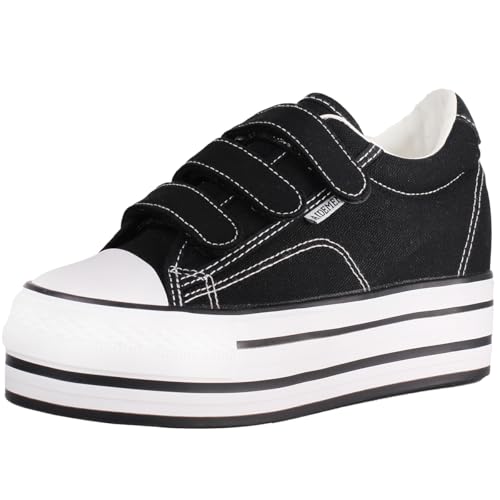 wealsex Damen Mädchen Klettverschluss Low-top Casual Sneaker Plattform Versteckter Keilabsatz Segeltuchschuhe (Schwarz,35) von wealsex