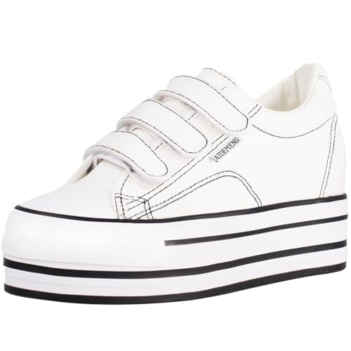 wealsex Damen Mädchen Klettverschluss Low-top Casual Sneaker Plattform Versteckter Keilabsatz Segeltuchschuhe (Weiß,35) von wealsex