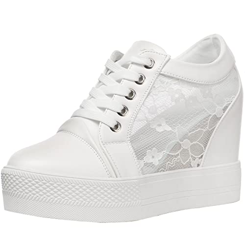 wealsex Damen Sneaker Versteckt Wedge Atmungsaktiv Lace Freizeitschuhe Gehen Turnschuhe (Weiß Spitze,38) von wealsex
