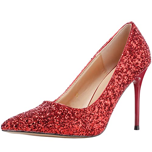 wealsex Glitzer High Heels Schuhe Spitzzehen Hochzeit Evening Party Bridal Dress Shoes Pumps (Rot,40) von wealsex