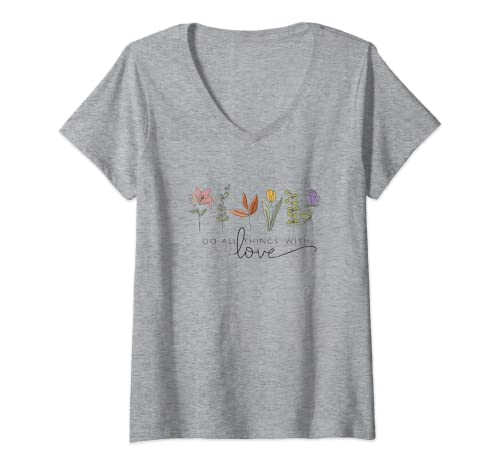 Damen Do all things with love - Motivationszitat Blumengrafik T-Shirt mit V-Ausschnitt Damen Do all things with love - Motivationszitat Blumengrafik T-Shirt mit V-Ausschnitt von wealthy happy