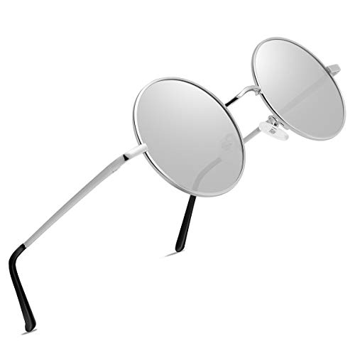 wearPro Sonnenbrille-Herren-Damen-Rund-Polarisiert Sonnenbrillen Runde Brille UV400 Schutz Retro Vintage Hippie Steampunk Sonnenbrille Unisex mit Metallrahmen Fahrerbrille(4-Silberner) von wearPro