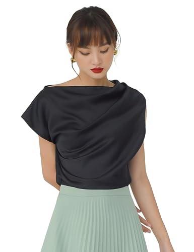 wearVAST Classy Drapierte Seide Satin Top Asymmetrisch Schulterfrei Flügelärmel Bluse, Schwarz, XX-Large von wearVAST