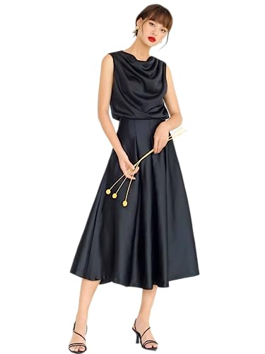 wearVAST Damen Hohe Taille Midi Maxi Rock A-Linie Flare Lang Plissee Swing Rock, Schwarz, 54 von wearVAST