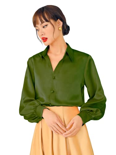 wearVAST Frauen klassische lose Passform lange Bischofsärmel Bluse Seide Satin Button Down formelles Hemd, Moos, Groß von wearVAST