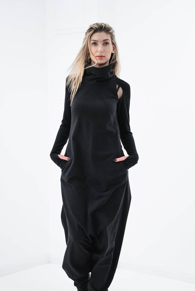 Schwarzer Baumwoll-Overall/Frauen-strampler Mit Reißverschluss Hinten 2 Vordertaschen von wearekvs