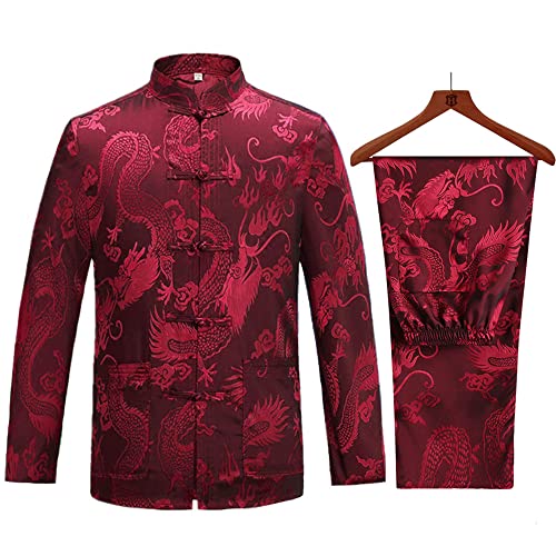 Tang Suit Herren Hanfu Traditionelle Chinesische Kleidung Kung Fu Shirt Uniform Langarm Mantel Tops und Hosen - Rot - M von wecotton