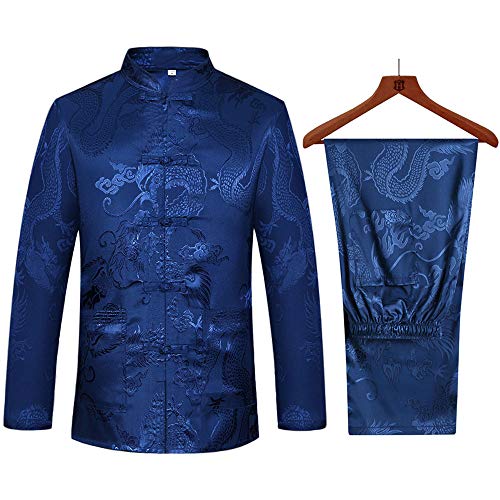 wecotton Kung Fu Anzüge Sets Herren Chinesischer Tang Anzüge Hanfu Kampfsport Kleidung Hemd Traditionell Wing Chun Taichi Uniform Oberteile Hosen(EU M/Asien Größe XL, Navy Blau) von wecotton